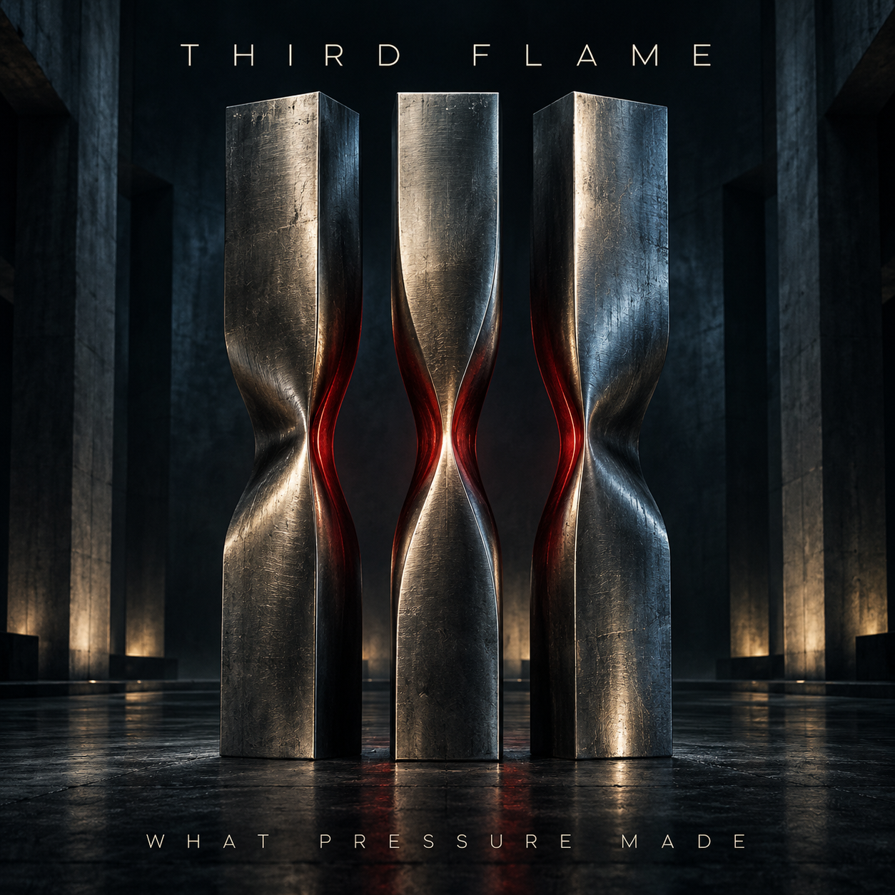 What Pressure Made album cover: three compressed steel forms in a dark chamber